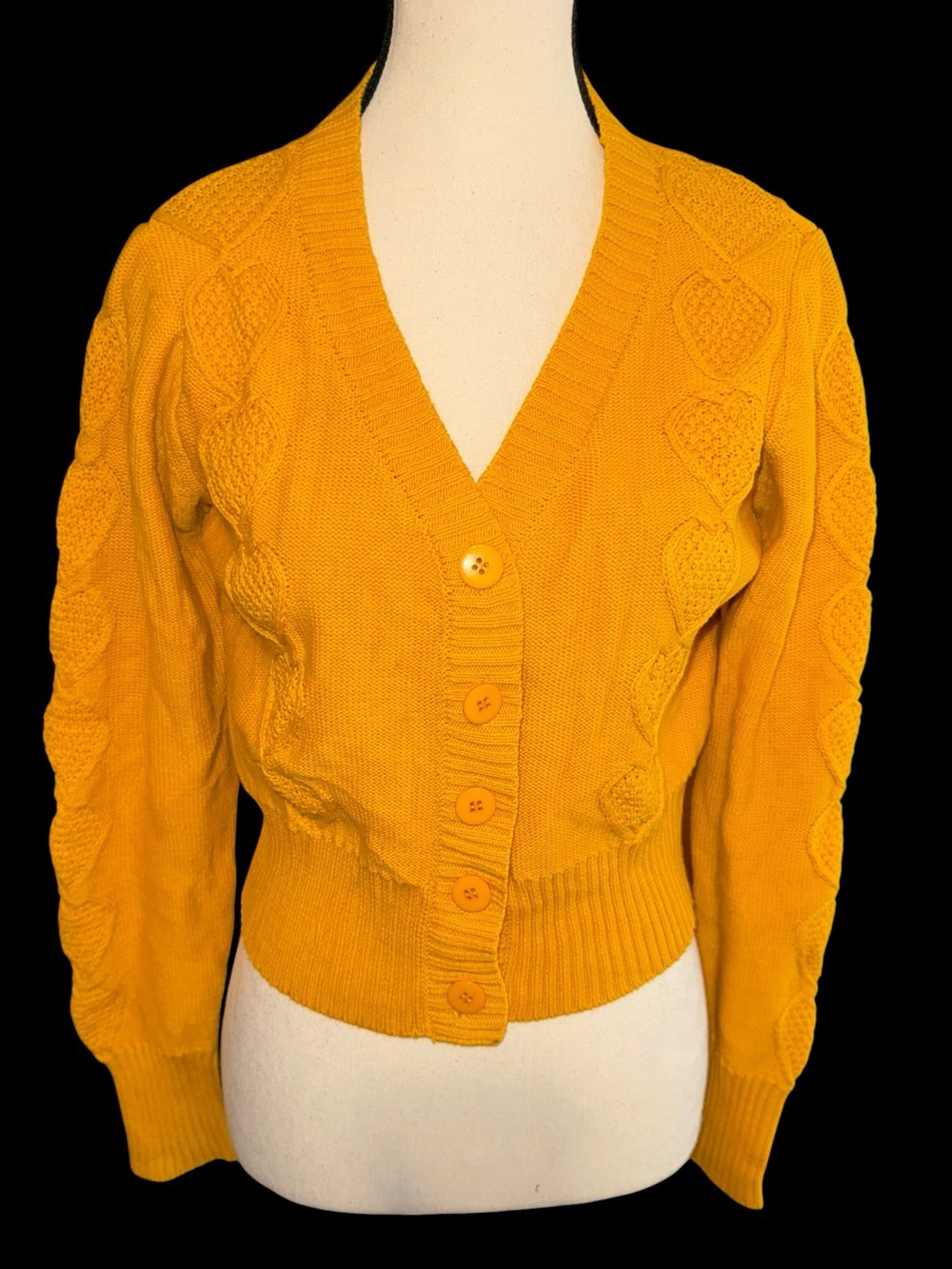 Voodoo Vixen Jasmine Heart Cable Knit Cardigan Mustard Yellow Retro Pin Up NWT